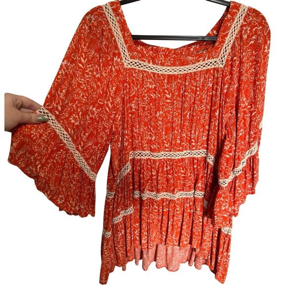 Free People Talk About It Tunic Top Bell Sleeves Orange Floral Size Medium - Picture 4 of 12